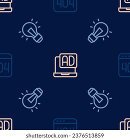 Set line Page with a 404 error, Light bulb and Advertising on seamless pattern. Vector