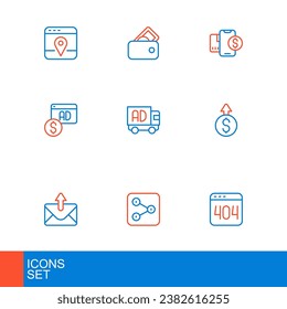 Set line Page with a 404 error, Share, Mail and e-mail, Financial growth dollar, Advertising, on truck, Mobile and Wallet money icon. Vector