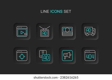 Set line Page with a 404 error, Megaphone, Advertising, Target financial goal, truck, Stacks paper money cash,  and Video advertising icon. Vector
