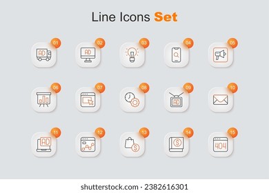 Set line Page with a 404 error, Financial book, shopping bag and dollar, Market analysis, Advertising, Mail e-mail,  and Time management icon. Vector