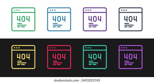 Set line Page with a 404 error icon isolated on black and white background. Template reports that the page is not found.  Vector