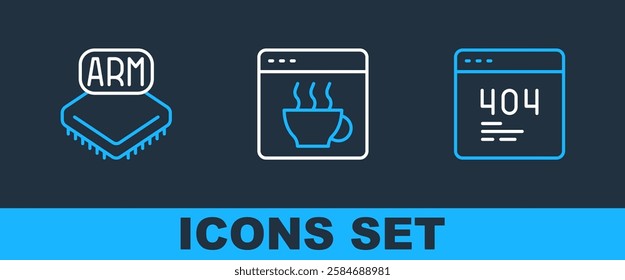 Set line Page with a 404 error, Processor and Software icon. Vector