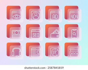 Set line Page with a 404 error, Advertising, Wallet money, Market analysis, SEO optimization, Personal information collection and Create account screen icon. Vector