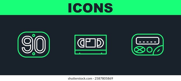 Set line Pager, 90s Retro and VHS video cassette tape icon. Vector