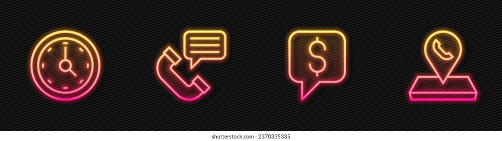 Set line Paid support, Clock, Telephone conversation and Call center location. Glowing neon icon. Vector