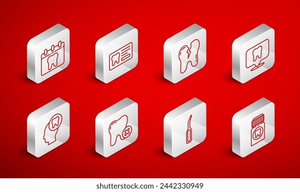 Set line Painkiller tablet, Dental card, Broken tooth, clinic location, explorer scaler, Calendar with, Tooth caries and Human head icon. Vector