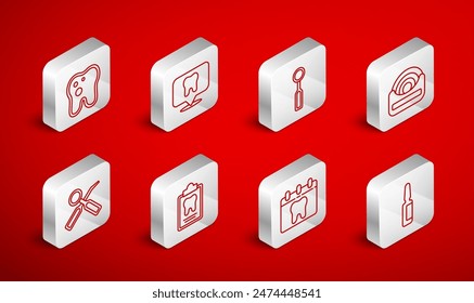 Set line Painkiller tablet, Dental clinic location, inspection mirror, floss, Calendar with tooth, Tooth caries, card and  icon. Vector