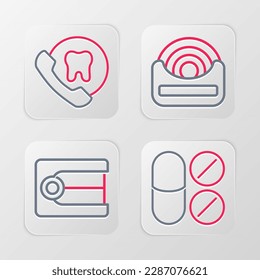 Set line Painkiller Tablette, Dentures Modell, Dental Floss und Online-Zahnpflege Symbol. Vektorgrafik