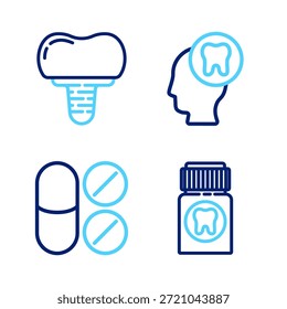 Set line Tableta analgésica, Cabeza humana con diente e icono de implante dental. Vector