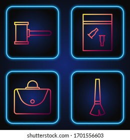 Set line Paint brush, Briefcase, Judge gavel and Evidence bag and bullet. Gradient color icons. Vector