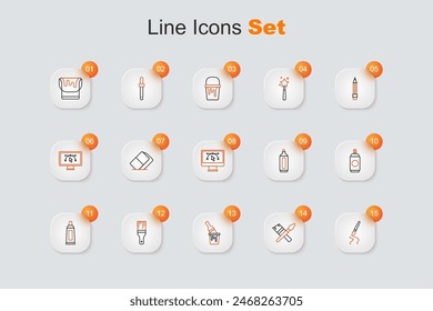 Set line Paint brush, bucket with, Tube paint palette, spray can, Marker pen and Computer design program icon. Vector