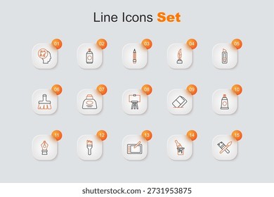 Set line Pincel de pintura, cubo con, tableta gráfica, pluma de la fuente, paleta de pintura de tubo, borrador o goma y el icono de caballete de madera. Vector