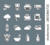 Set line Paint brush, Cargo ship, Add new file, Printer, Flag, Cloud upload, Security camera and Toaster with toasts icon. Vector