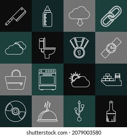 Set line Paint brush, Cargo ship, Wrist watch, Cloud download, Toilet bowl, Meat chopper and Medal icon. Vector