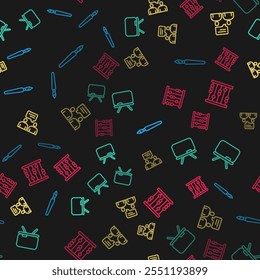Set line Paint brush, Chalkboard, Two sitting men talking and Abacus on seamless pattern. Vector