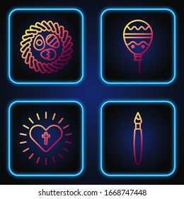 Set line Paint brush, Christian cross and heart, Easter egg in a wicker nest and Balloons with ribbon. Gradient color icons. Vector