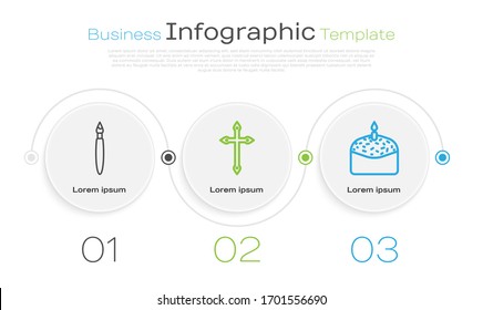 Set line Paint brush, Christian cross and Easter cake and candle. Business infographic template. Vector