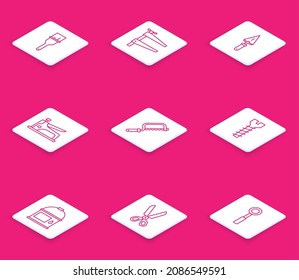 Set line Paint brush, Clamp tool, Trowel, Construction stapler, Hacksaw, Metallic screw, bucket and Scissors icon. Vector