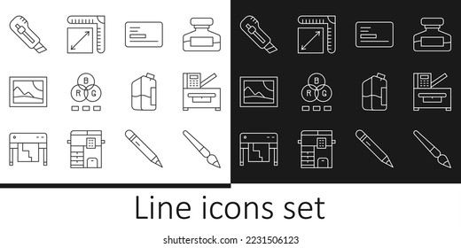 Set line Paint brush, Copy machine, Business card, RGB color mixing, Picture landscape, Stationery knife, Printer ink bottle and Paper size icon. Vector