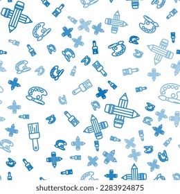 Set line Paint brush, Crossed pencil with eraser and Paint brush with palette on seamless pattern. Vector