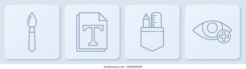 Establecer la línea Pincel de pintura, Lápiz y regla cruzada, Documento de archivo de texto y efecto de ojo rojo. Botón cuadrado blanco. Vector