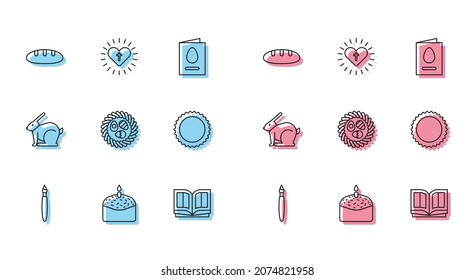 Set line Paint brush, Easter cake and candle, Bread loaf, Holy bible book, egg wicker nest, Sun, rabbit and Christian cross heart icon. Vector