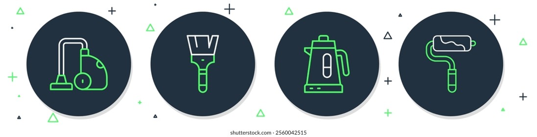 Set line Paint brush, Electric kettle, Vacuum cleaner and roller icon. Vector