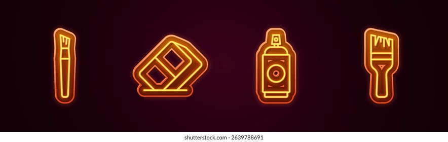 Set line Paint brush, Eraser or rubber, spray can and . Glowing neon icon. Vector