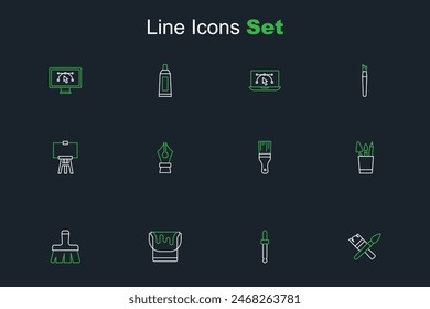 Set line Paint brush, Eyedropper color picker palette, bucket, Pencil case stationery, Fountain pen nib and Wood easel icon. Vector