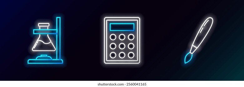 Set line Paint brush, Glass test tube flask on fire and Calculator icon. Glowing neon. Vector