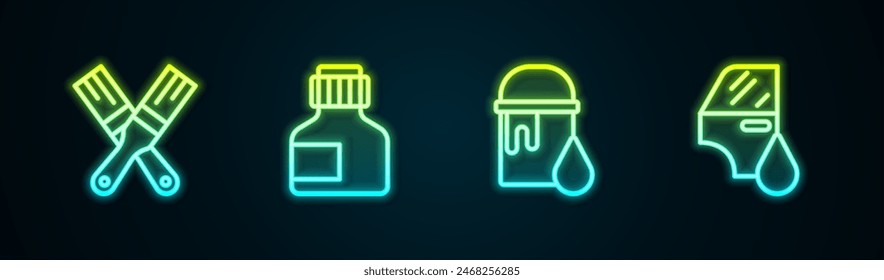 Set line Paint brush, Paint, gouache, jar, dye, bucket and Car painting. Glowing neon icon. Vector