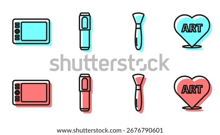 Set line Paint brush, Graphic tablet, Marker pen and Heart with text art icon. Vector
