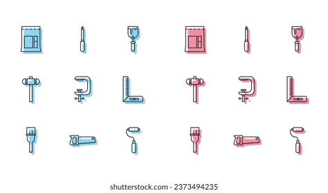 Set line Paint brush, Hand saw, Cement bag, roller, Clamp screw tool, Corner ruler, Sledgehammer and Screwdriver icon. Vector