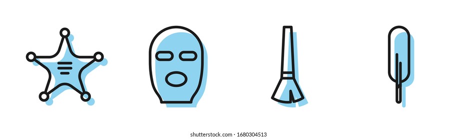 Set line Paint brush, Hexagram sheriff, Thief mask and Feather pen icon. Vector