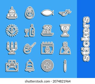 Set line Paint brush, Jesus Christ, Christian chalice, fish, Wine bottle with glass, cross and heart, Easter cake eggs and  icon. Vector