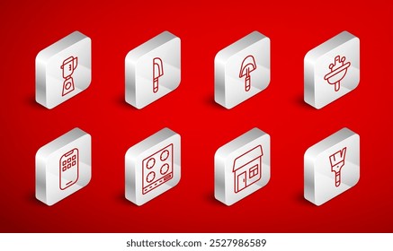 Set-Linie Paint-Pinsel, Messer, Spatel, Waschbecken, Haus, Mixer, Gasherd und Mobile Apps Symbol. Vektorgrafik