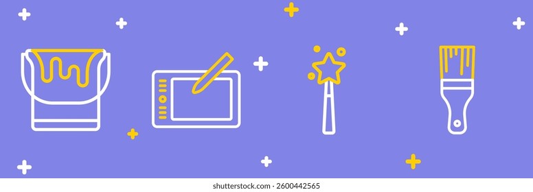 Set line Paint brush, Magic wand, Graphic tablet and bucket icon. Vector