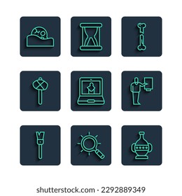Set line Paint brush, Magnifying glass, Ancient amphorae, Human broken bone, Online museum, Stone age hammer, skull and Museum guide icon. Vector