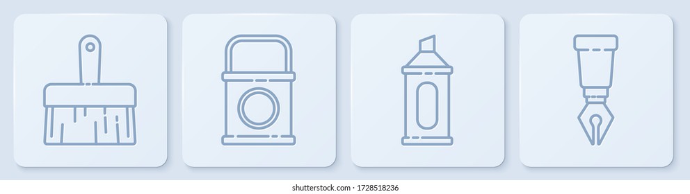 Fijar la línea Pincel de pintura, Pluma de marcador, Cubo de pintura y Pluma de fuente. Botón cuadrado blanco. Vector