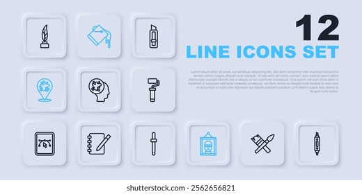 Set line Paint brush, Marker pen, spray, Picture, Notebook, bucket and Eyedropper color picker palette icon. Vector