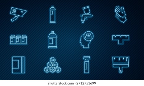 Set line Paint brush, Marker pen attachment, spray gun, can, Security camera, Spray nozzle cap and  icon. Vector