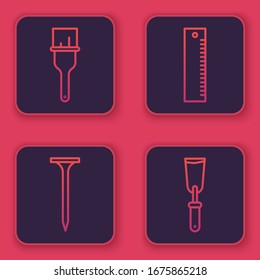 Set line Paint brush, Metallic nail, Ruler and Putty knife. Blue square button. Vector