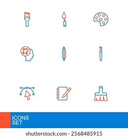 Set line Paint brush, Notebook, Bezier curve, spray, Marker pen, Palette and knife icon. Vector