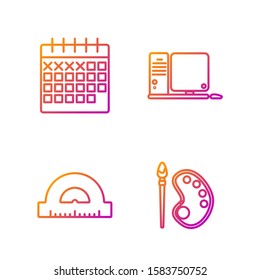 Set line Paint brush with palette, Protractor grid for measuring degrees, Calendar and Computer monitor with keyboard and mouse. Gradient color icons. Vector