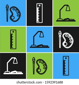 Set line Paint brush with palette, Workplace with table lamp and open book and Ruler icon. Vector
