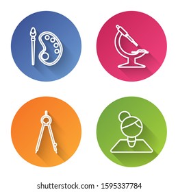 Set line Paint brush with palette, Microscope, Drawing compass and Teacher. Color circle button. Vector