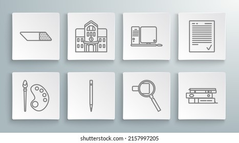Set line Paint brush with palette, Pencil eraser, Magnifying glass, Office folders papers and documents, Computer monitor keyboard mouse, Exam sheet check mark and Eraser rubber icon. Vector