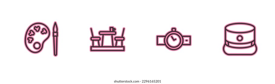 Set line Paint brush with palette, Wrist watch, French cafe and Kepi icon. Vector