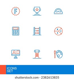Set line Paint brush with palette, Law pillar, Online class, Pie chart infographic, Calculator, Abacus, Protractor grid and Award cup icon. Vector