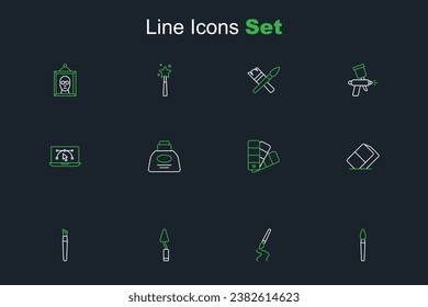 Set line Paint brush, Palette knife, Eraser or rubber, Color palette guide, Inkwell and Computer with design program icon. Vector